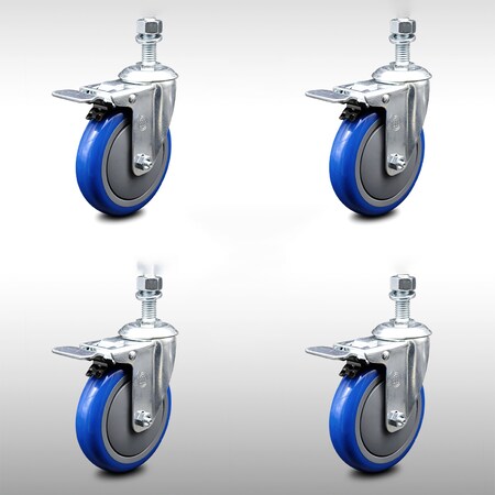 Service Caster 5 Inch SS Blue Polyurethane 1/2 Inch Threaded Stem Caster Set Total Lock Brake SCC-SSTSTTL20S514-PPUB-BLUE-121315-4